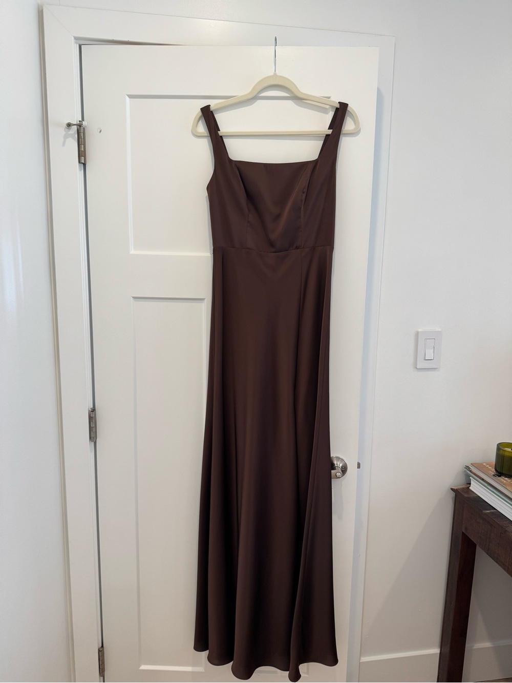 Birdy Grey Espresso Satin Maxi Dress with Square Neck - “Alex”